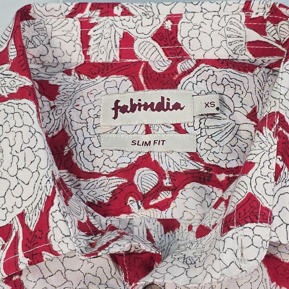 Fabindia Slim Fit Floral Hand Block Print Shirt Men's XS Red White Cotton India - Picture 4 of 9